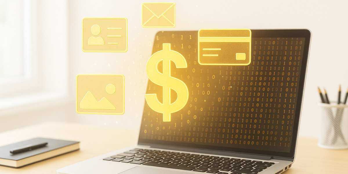 Computadora portátil en escritorio iluminado con iconos dorados flotando que representan datos personales y financieros como identidad, correo electrónico, fotografías y un símbolo de dólar, simbolizando el valor de los datos digitales.