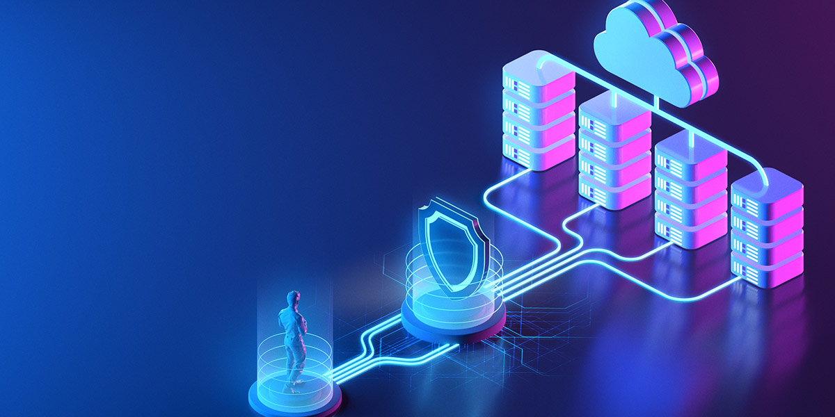 Ilustración de un firewall digital filtrando conexiones entre un usuario y servidores en la nube, simbolizando la primera línea de defensa en Internet.