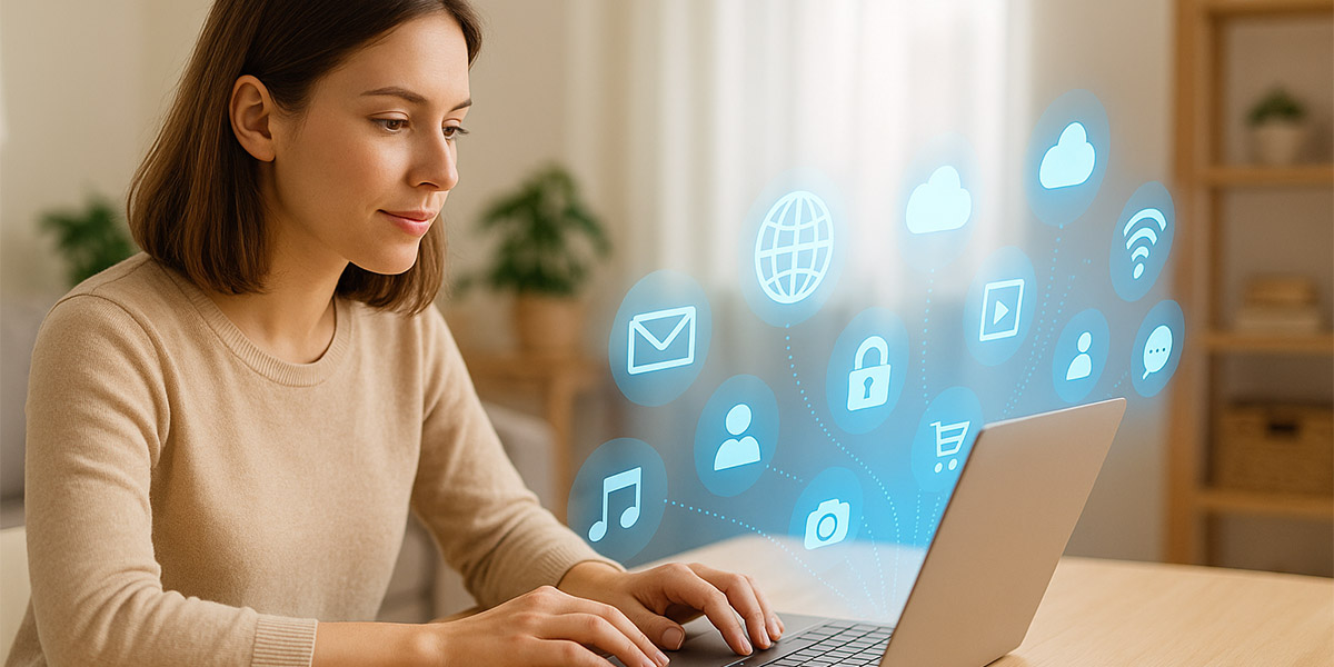 Mujer usando una laptop con íconos digitales y una huella dactilar que representa la huella digital y la identidad en línea.